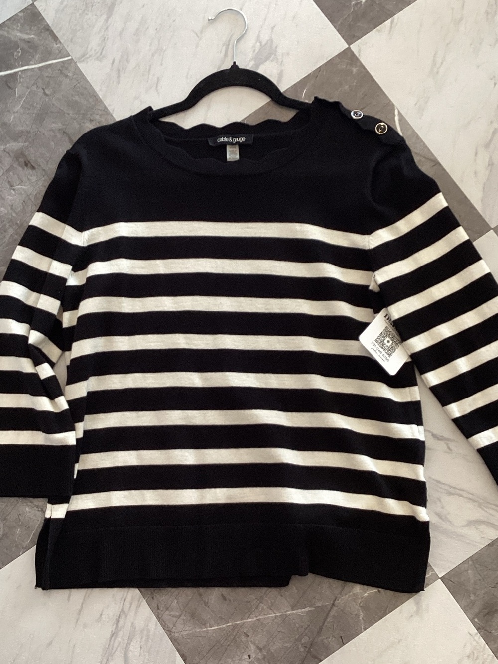 Cable & Gauge Black and White Striped Scoop-Neck Sweater with Shoulder Buttons
